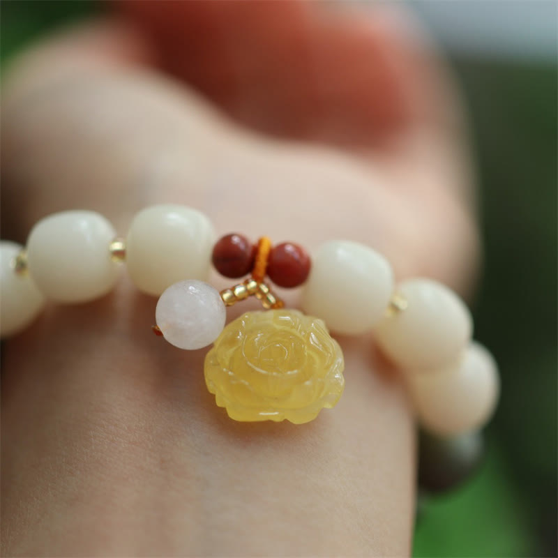 Unisex Lotus Bracelet with Bodhi Seed, Amber & Red Agate Beads