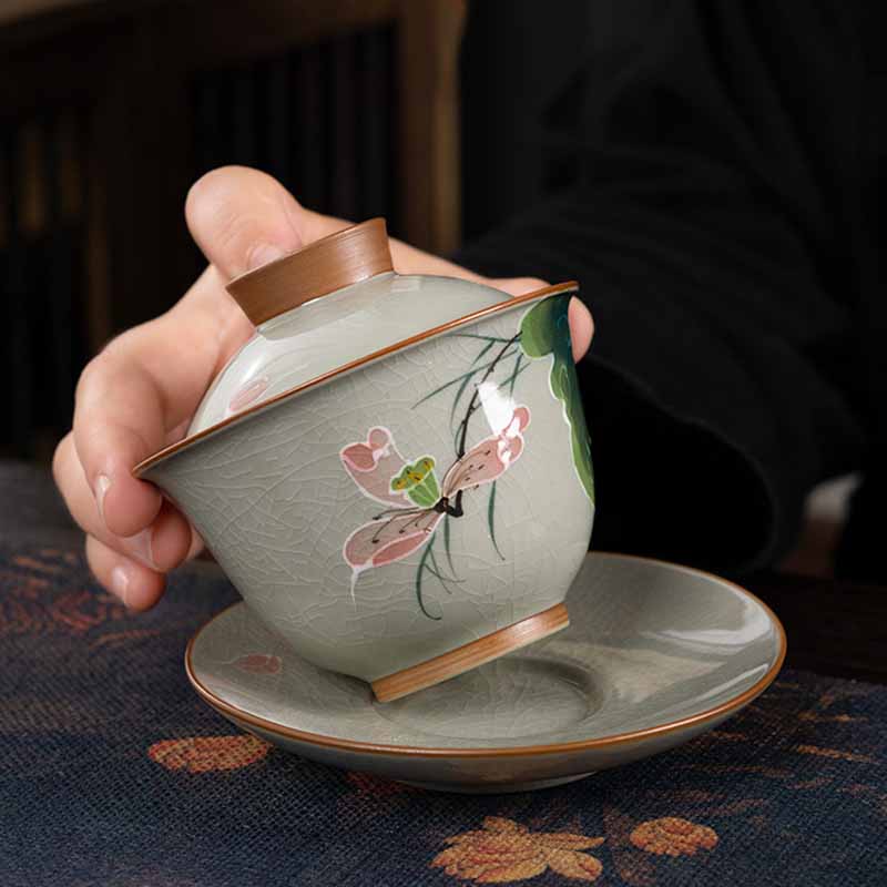 Zen Ceramic Lotus Koi Fish Gaiwan Teacup 140ml