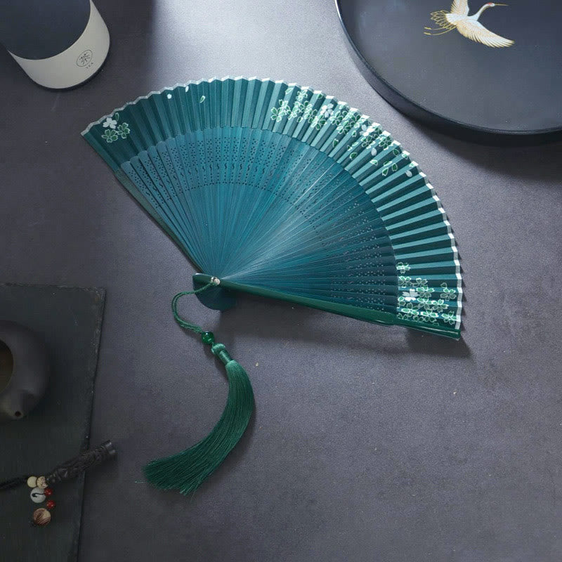 21cm Bamboo Folding Fan with Floral Tassel | Healing Sounds