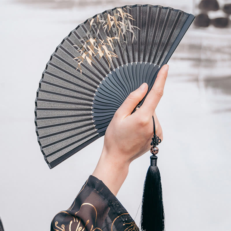 21cm Black Bamboo Leaf Chinese Folding Silk Fan