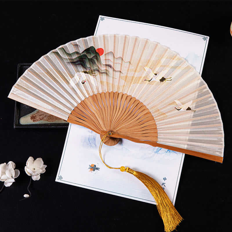 21cm Chinese Folding Fan with Crane & Auspicious Clouds Design
