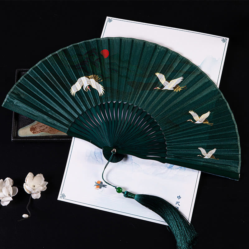 21cm Chinese Folding Fan with Crane & Auspicious Clouds Design