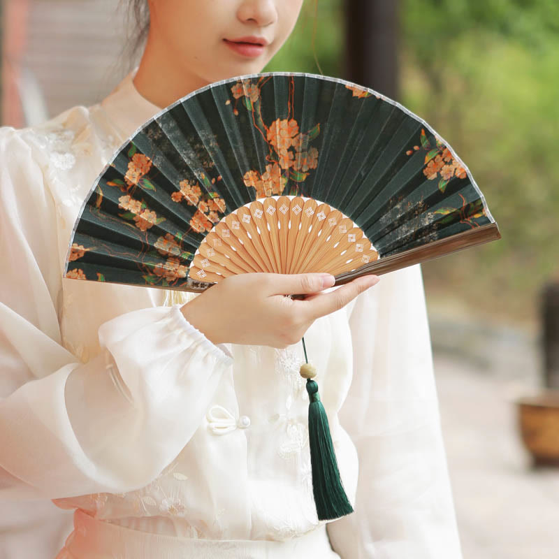 21cm Chinese Folding Fan with Xiangyunsha Silk and Bamboo
