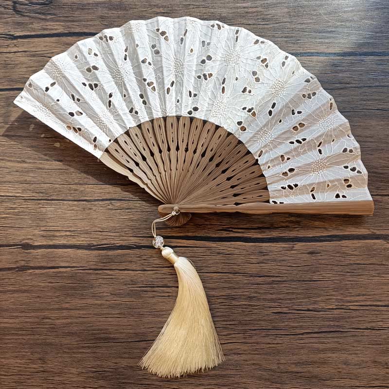 21cm Solid Color Hollow Flower Bamboo Hand Fan Cotton