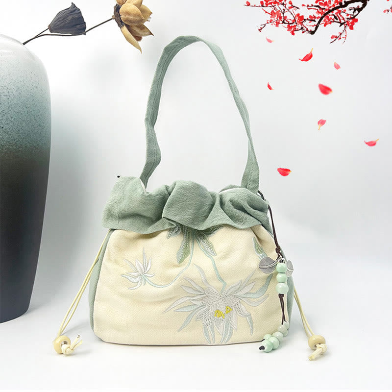 Cotton Linen Tote Bag with Spiritual Lotus Embroidery 20cm