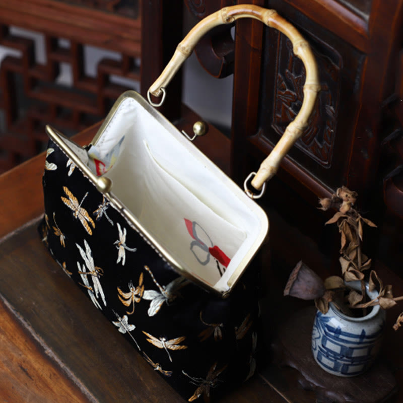 22.5cm Bamboo Handle Handbag | Dragonfly Crane Plum Blossom Leaf