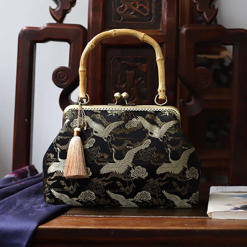 22.5cm Bamboo Handle Handbag | Dragonfly Crane Plum Blossom Leaf