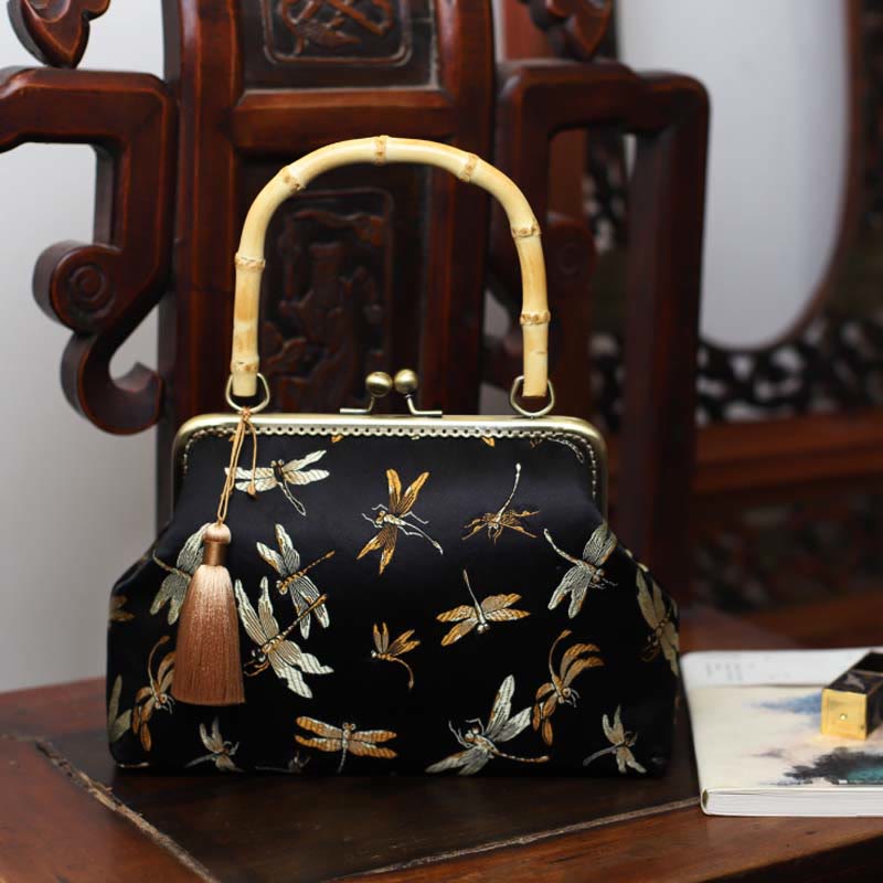 22.5cm Bamboo Handle Handbag | Dragonfly Crane Plum Blossom Leaf