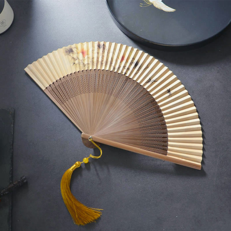 22.5cm Handmade Lotus Dragonfly Chinese Folding Fan