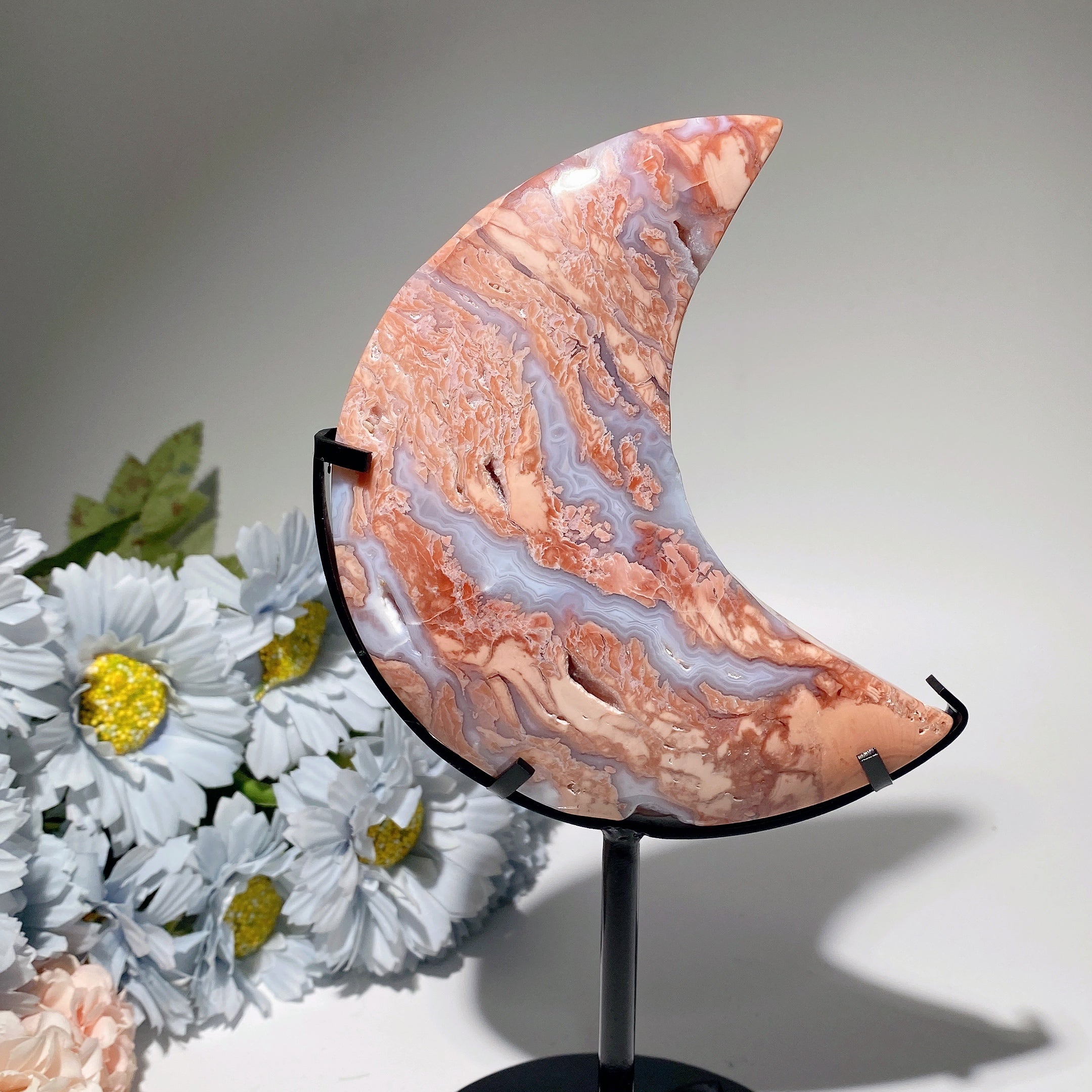 22.5cm Pink Flower Agate Moon Crystal Sculpture