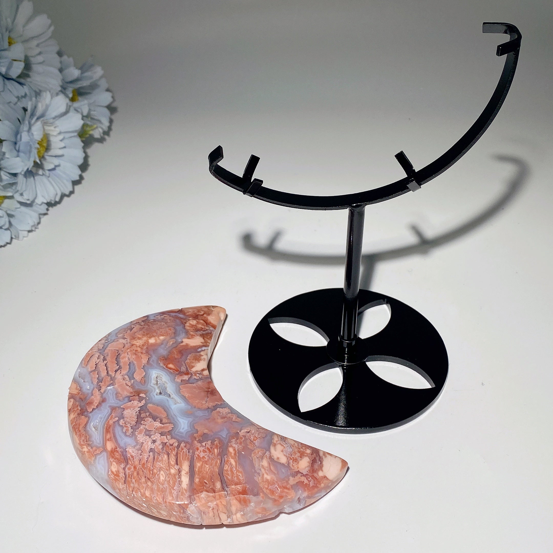22.5cm Pink Flower Agate Moon Crystal Sculpture