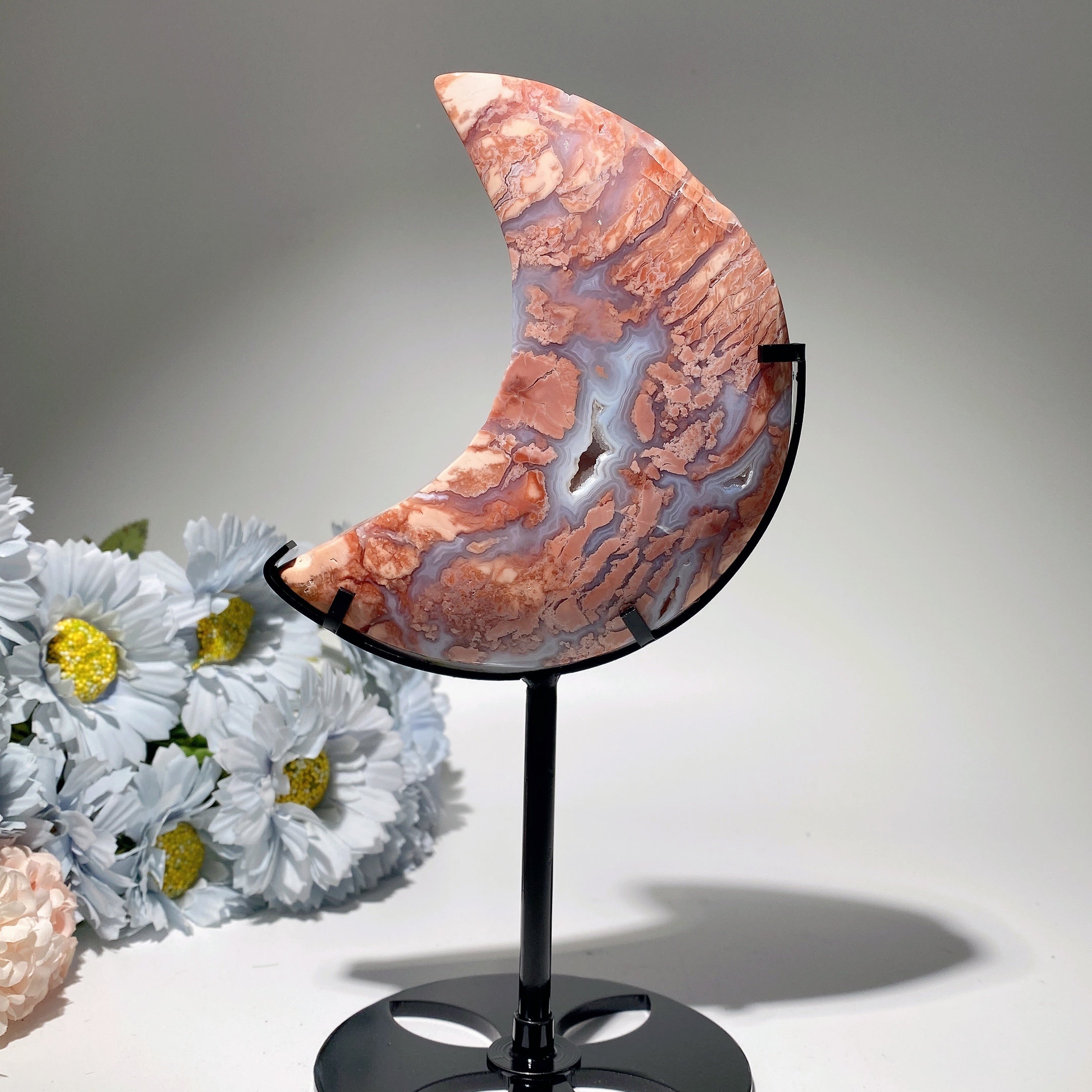 22.5cm Pink Flower Agate Moon Crystal Sculpture