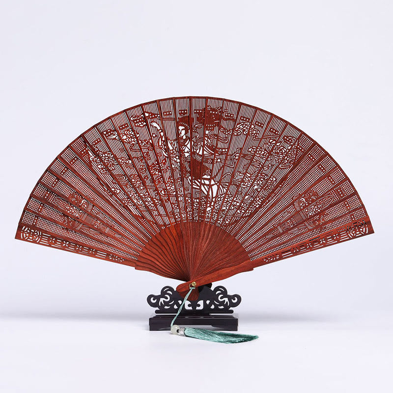 22.5cm Small Leaf Red Sandalwood Folding Fan with Crane Peacock Chang'e Moon Engraving
