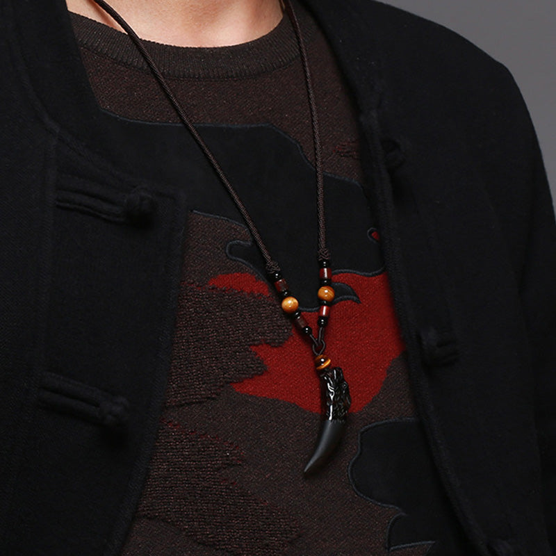 Large Ice Obsidian Wolf Tooth Pattern Courage Necklace