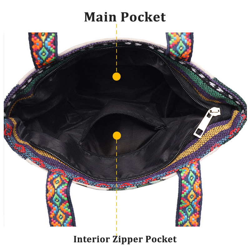 Large Canvas Tote Bag with Elephant Butterfly Embroidery - Spiritual Charm