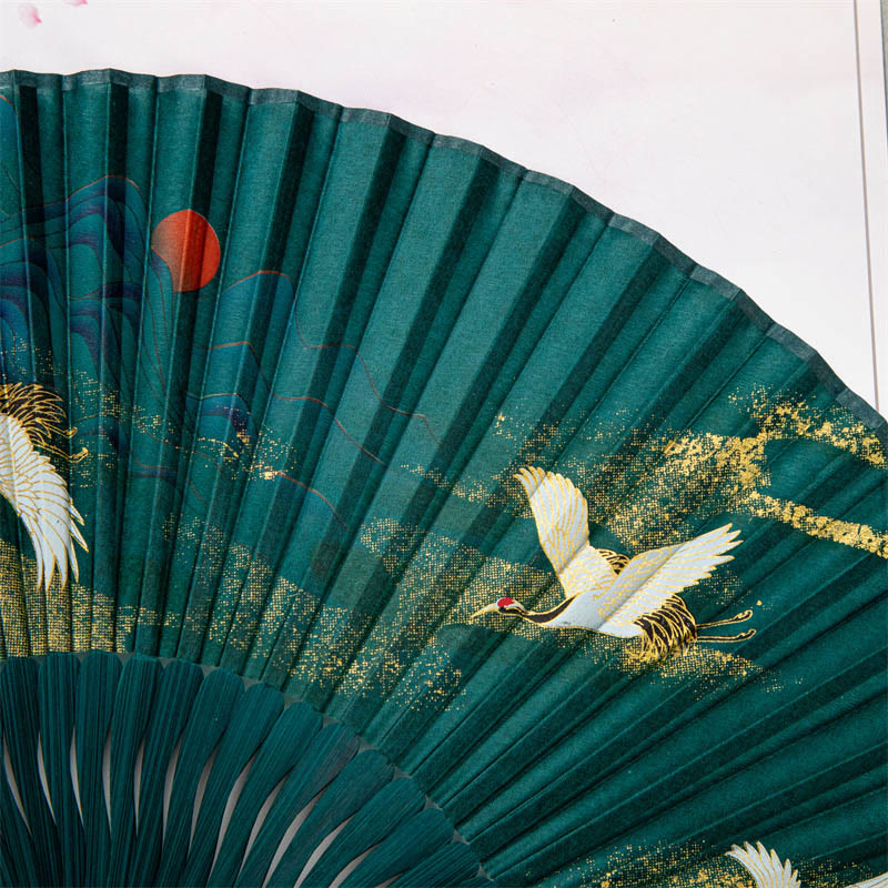 22cm Chinese Folding Silk Bamboo Fan with White Crane Design