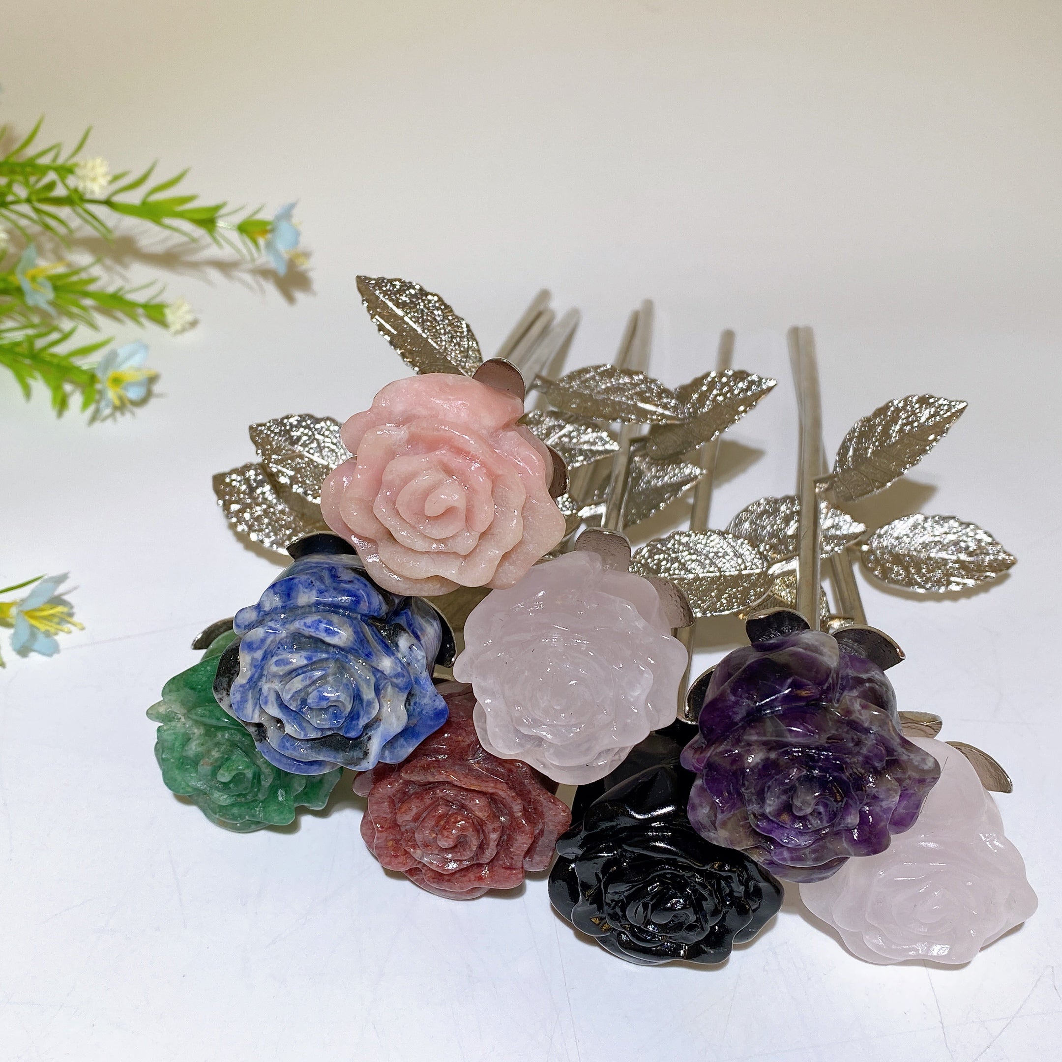 22cm Crystal Bud and Bloom Flower Figurines for Healing Decor