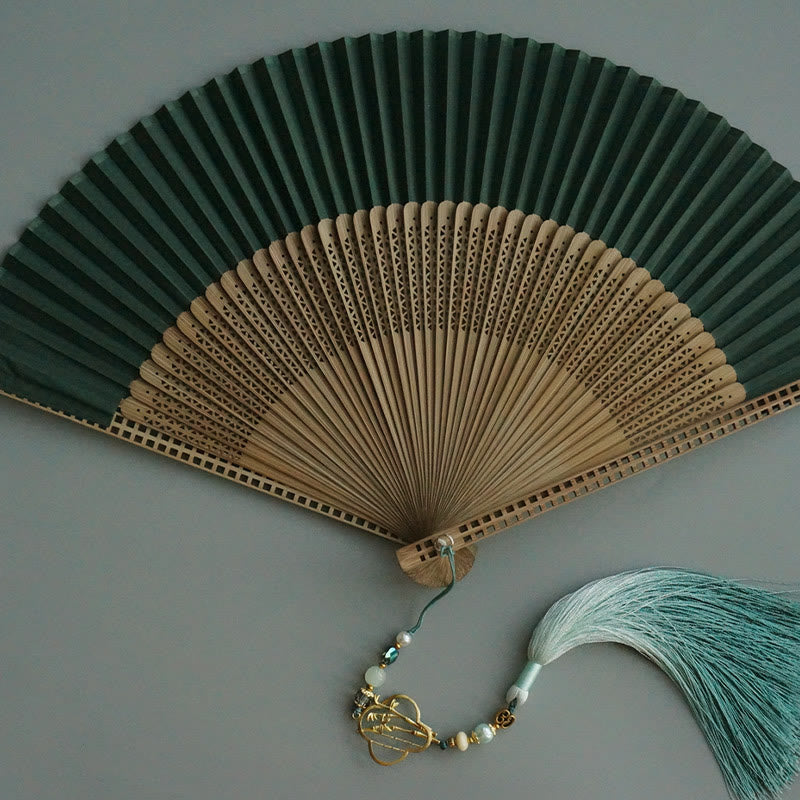 22cm Dark Green Chinese Folding Silk Handheld Bamboo Fan