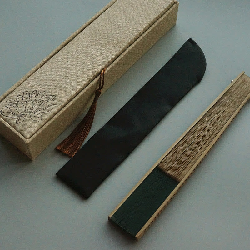 22cm Dark Green Chinese Folding Silk Handheld Bamboo Fan