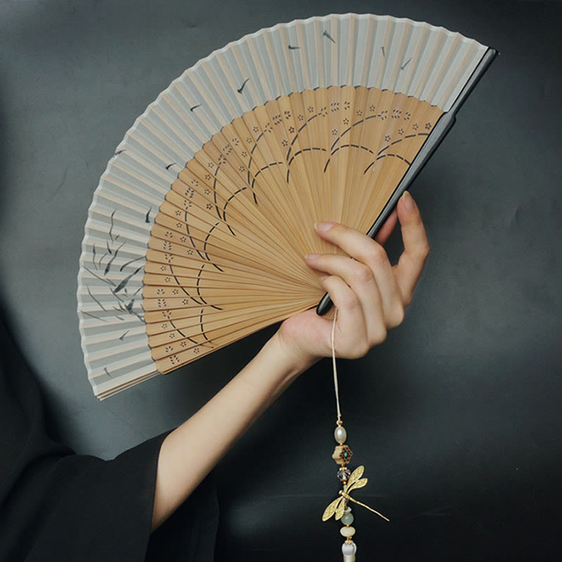 22cm Dragonfly Bamboo Hand Fan with Tassel and Boxwood Design