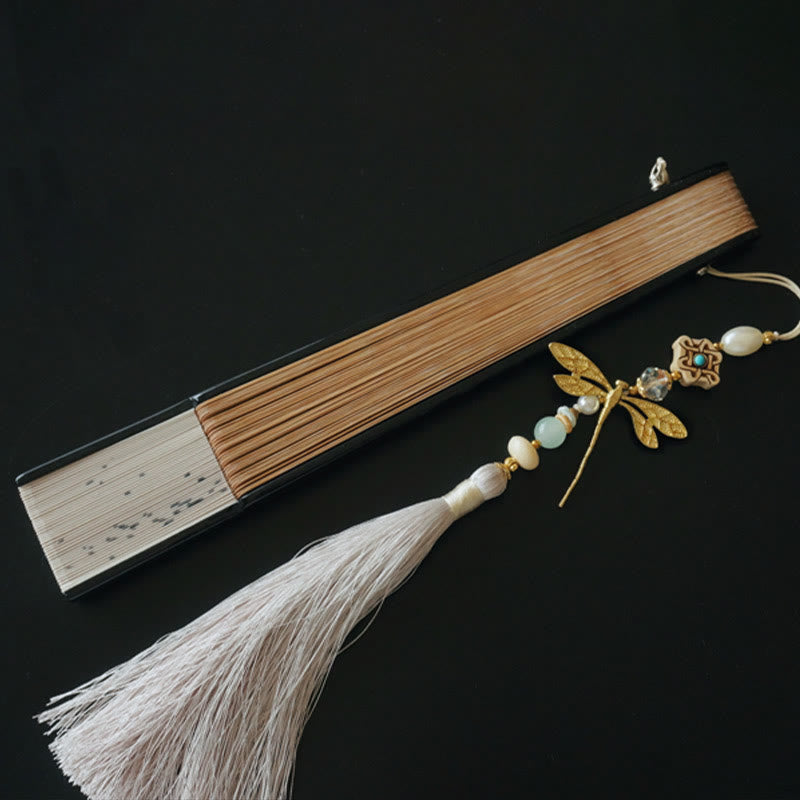 22cm Dragonfly Bamboo Hand Fan with Tassel and Boxwood Design