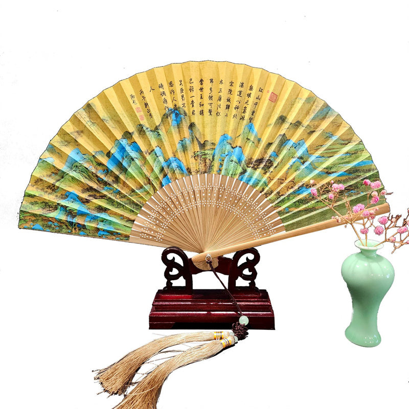 22cm Folding Fan with Panoramic Rivers and Mountains Design