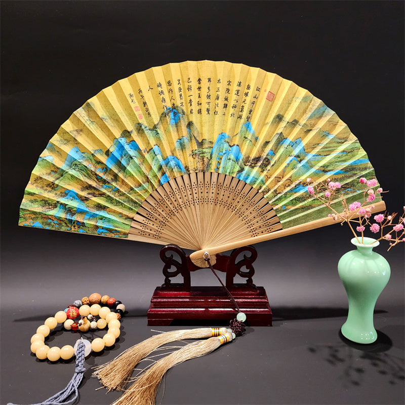 22cm Folding Fan with Panoramic Rivers and Mountains Design