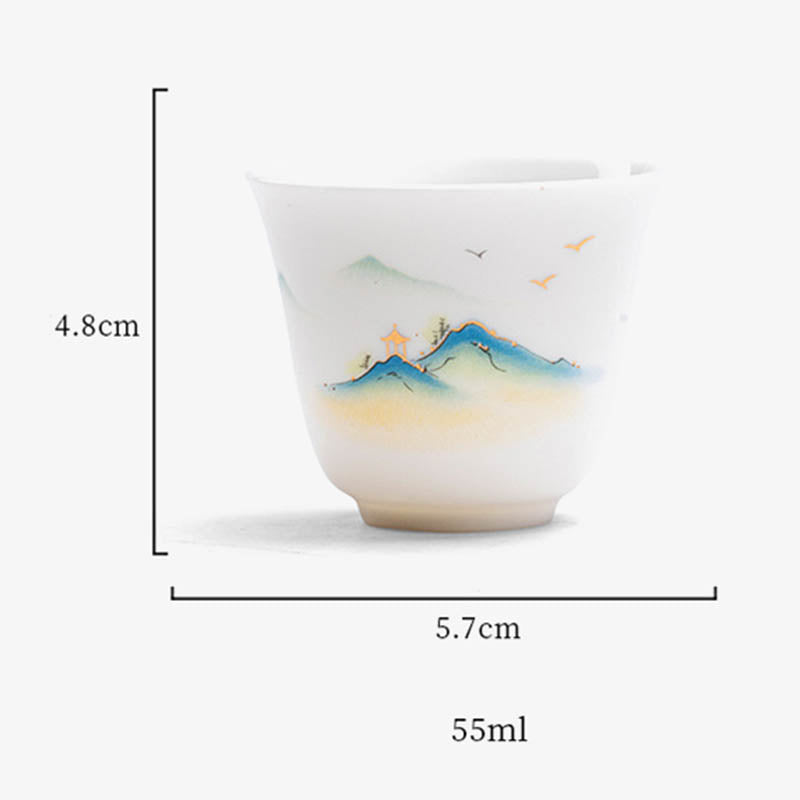 Zen Ceramic Teacup with Lotus Flower and Mountain Design 100ml