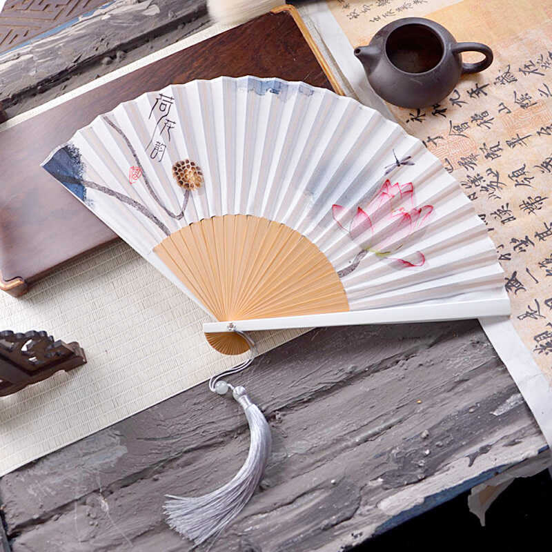 23.3cm Chinese Folding Fan Lotus Ink Painting with Bamboo Frame