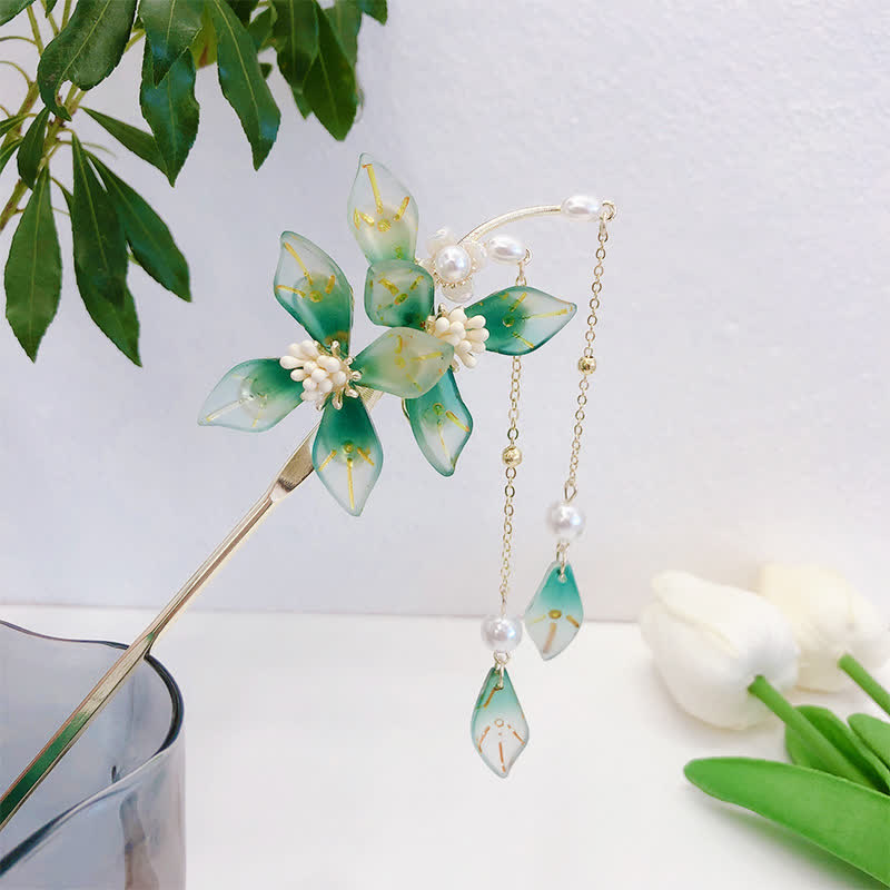 Pearl Flower Leaf Tassel Hairpin for Calm & Wealth