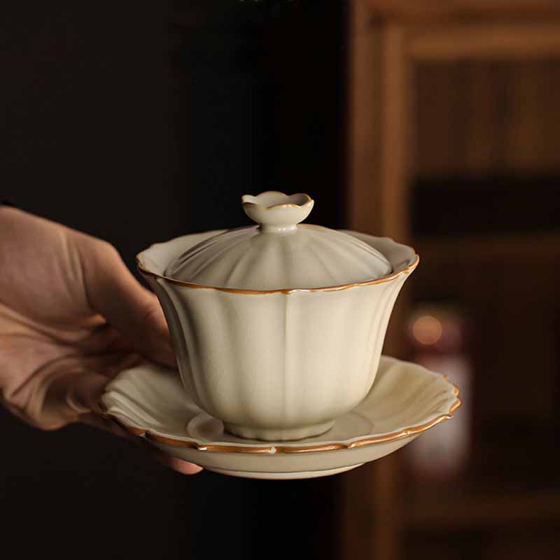 Beige Ceramic Gaiwan with Plum Blossom Design 120ml Tea Set
