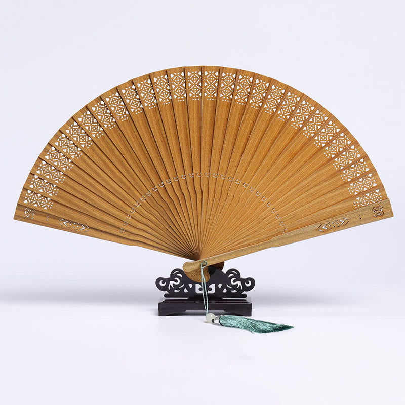 23cm Green Sandalwood Auspicious Clouds Folding Fan