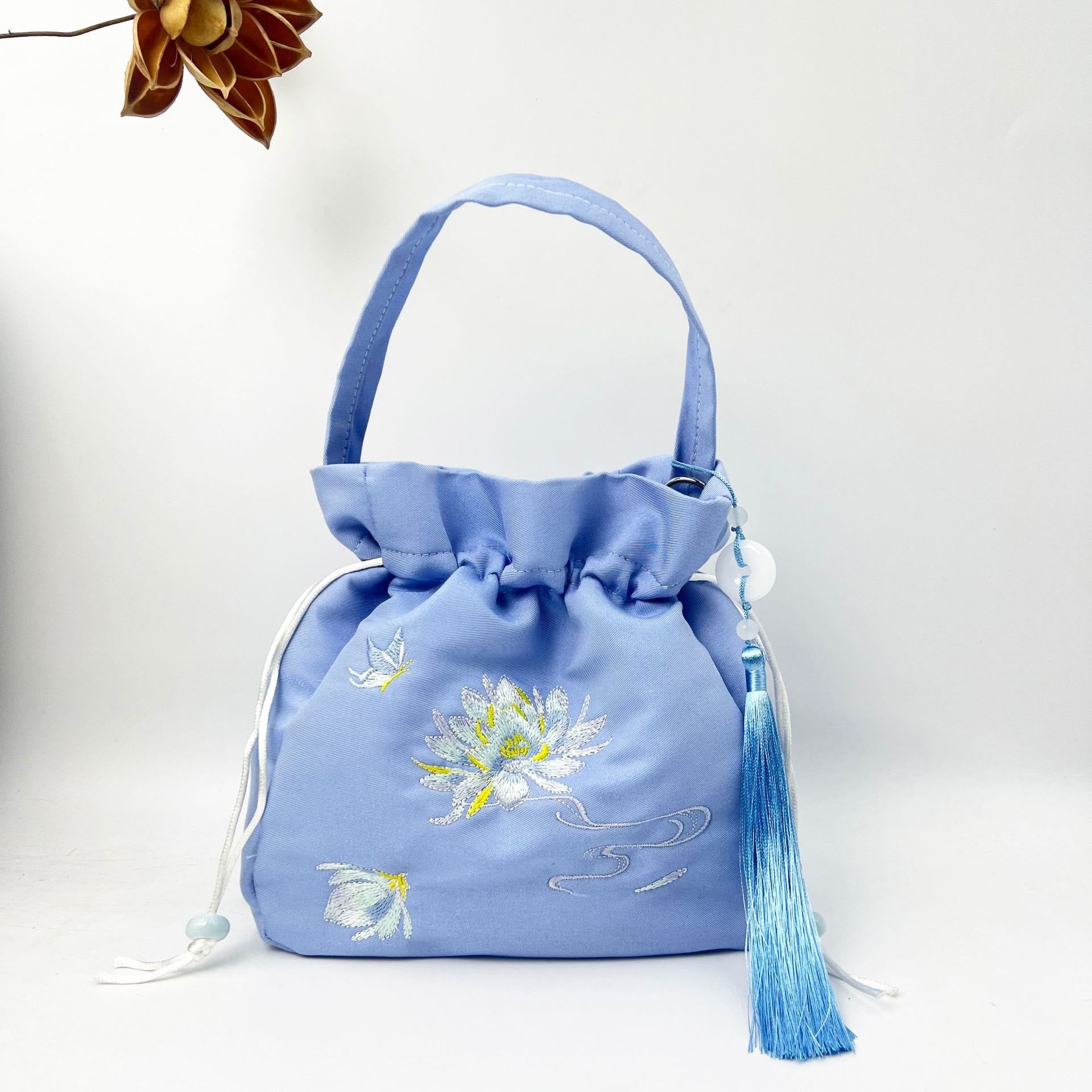 Cotton Linen Tote Bag with Lotus Koi Embroidery 20cm