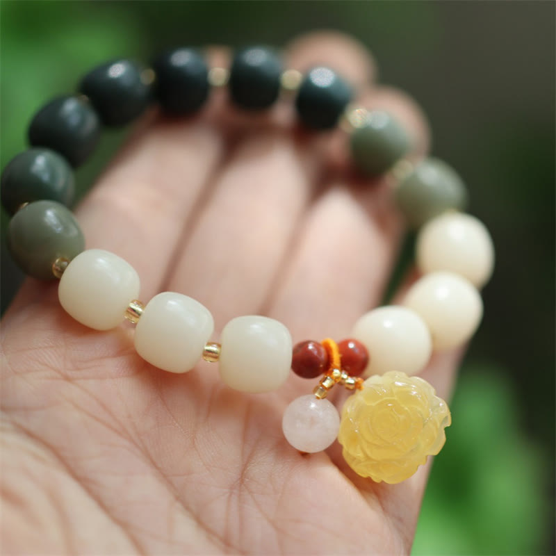 Unisex Lotus Bracelet with Bodhi Seed, Amber & Red Agate Beads