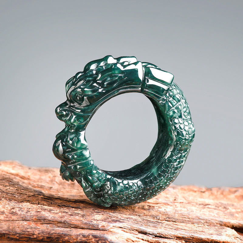 Cyan Jade Dragon Carved Success Ring 21-22mm