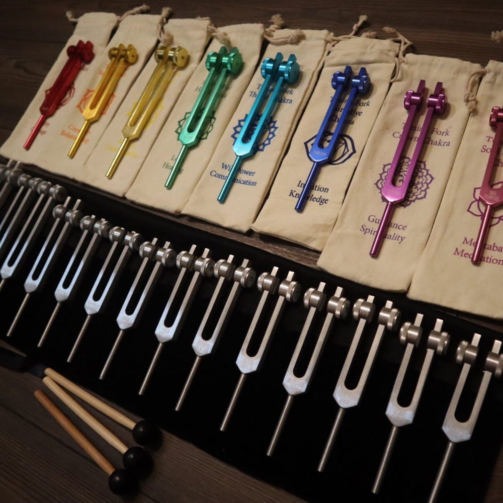Colorful tuning forks in a rainbow spectrum for the 23pc Human Biology & Chakra Set