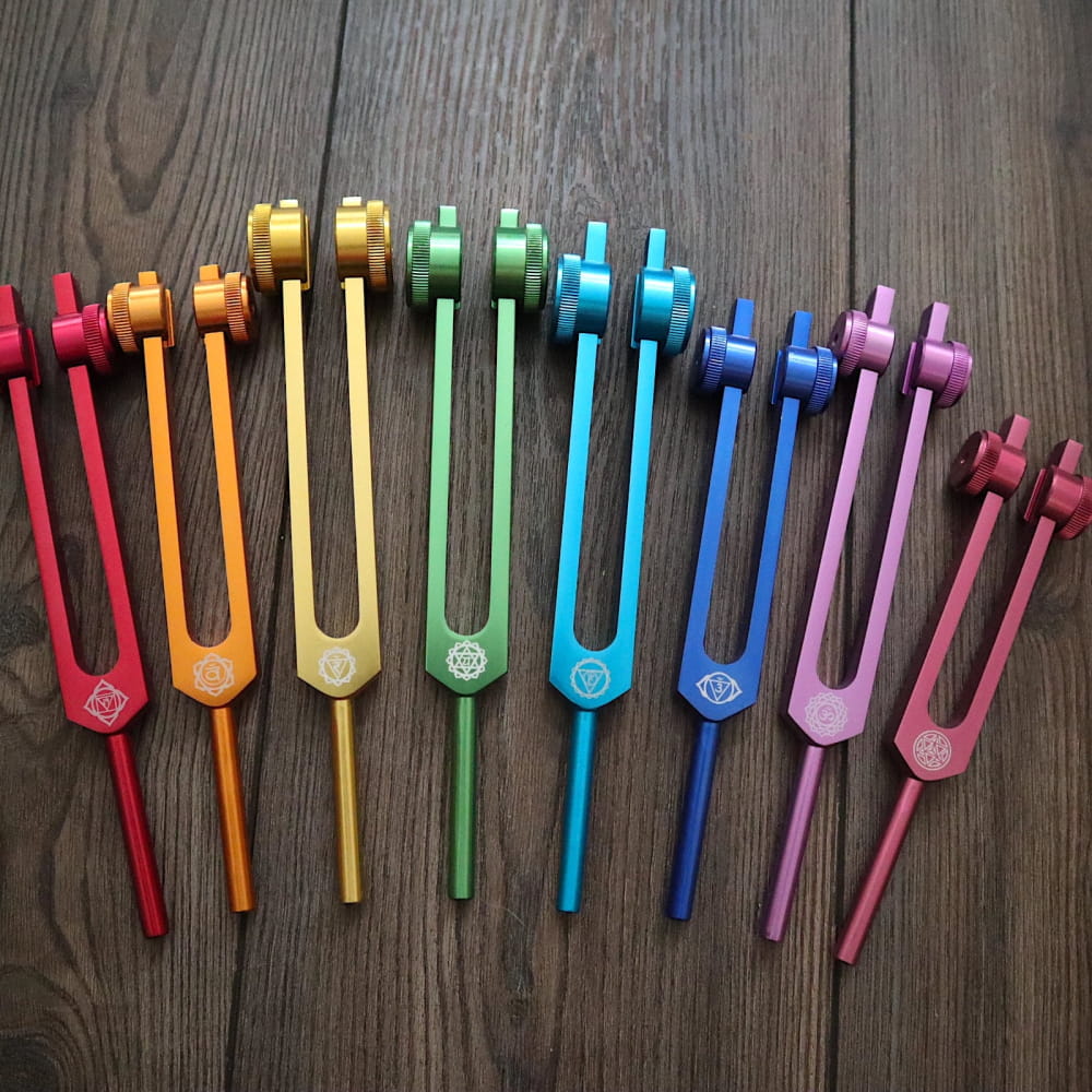 Colorful tuning forks in a rainbow pattern for the 23pc Human Biology & Chakra Set