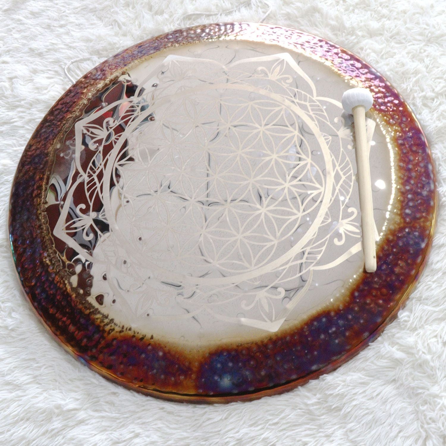 Ceramic plate with iridescent rim and etched pattern on 24’’ Flower of Life Wind Gong
