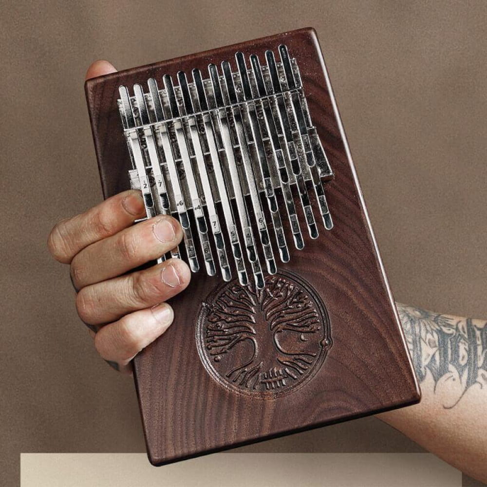 Wooden Kalimba thumb piano with Tree of Life design, 24-Key double layer Walnut finish