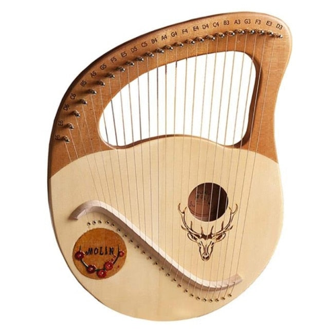 Wooden 24 String Lyre Harp with Deer Skull Design and Decorative Emblem