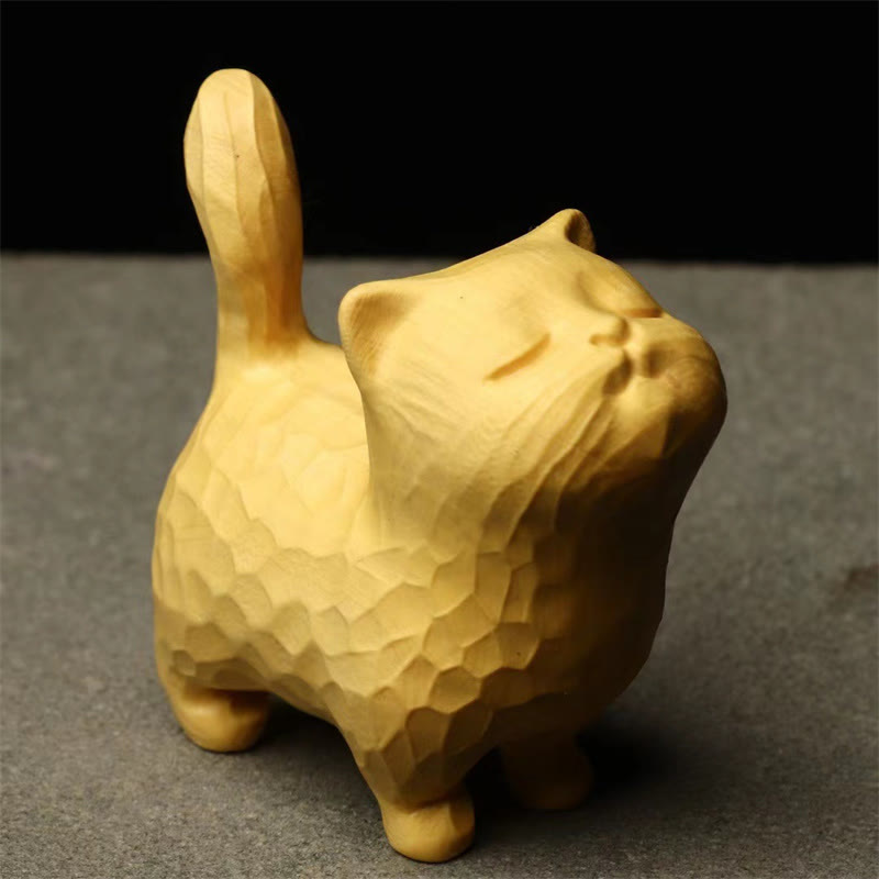 6cm Thuja Sutchuenensis & Boxwood Cat Figurine for Prosperity & Grounding