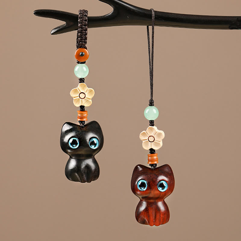 Ebony Wood Lucky Cat Key Chain for Spiritual Peace & Balance
