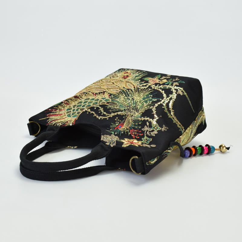 Peacock Embroidered Tote Bag | Canvas Shoulder Crossbody
