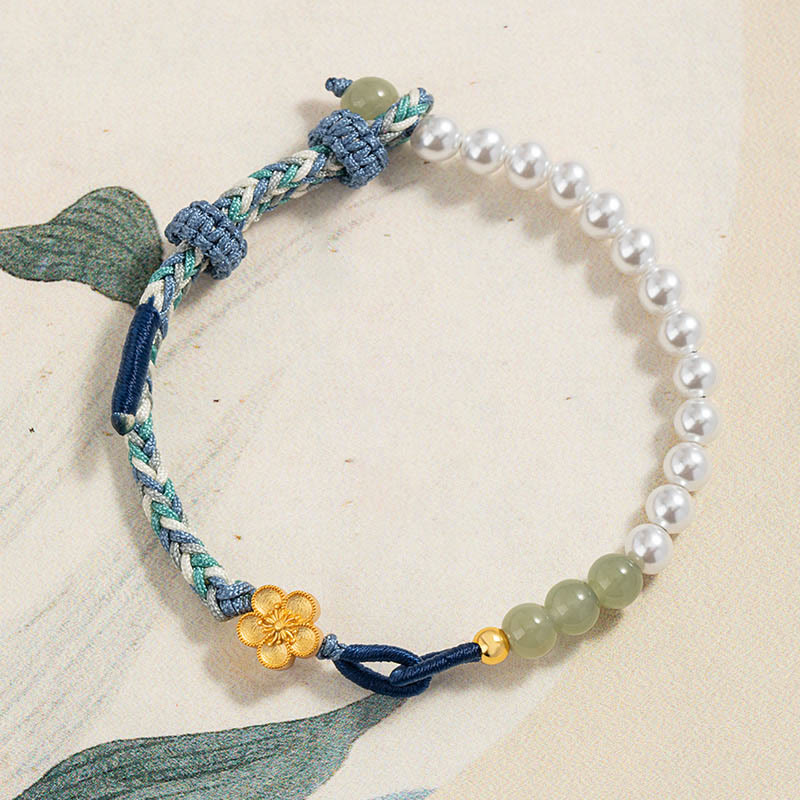 Sterling Silver Hetian Jade Luck Bracelet with Peach Blossom & Pearls