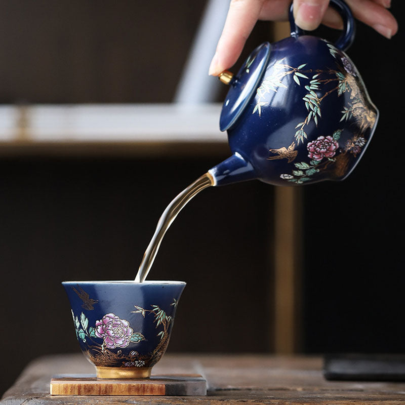 Golden Magpie & Peony Ceramic Teacup for Kung Fu Tea