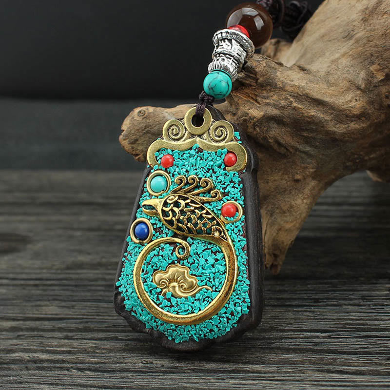 Ebony Spiritual Necklace with Wealth Gods & Golden Phoenix