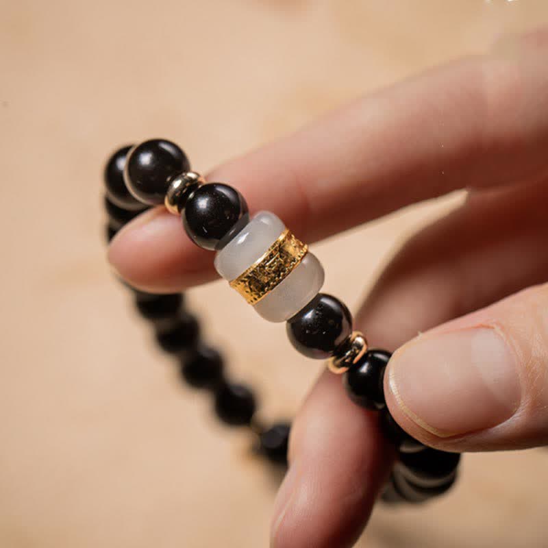 8mm Black Obsidian Jade Om Mani Padme Hum Strength Bracelet