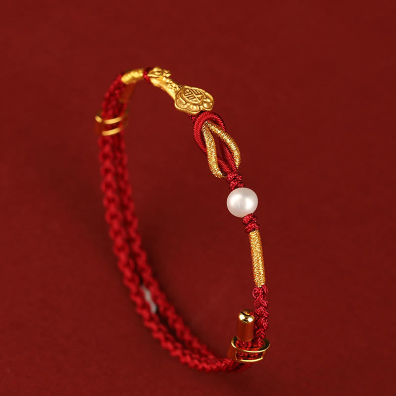 24K Gold Red String Wish Ruyi Fu Bracelet for Luck