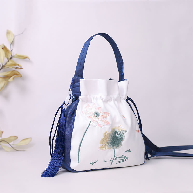 Cotton Linen Tote Bag with Lotus Koi Embroidery 20cm