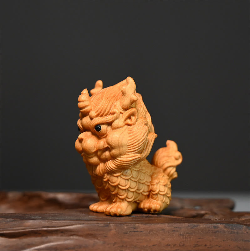 Feng Shui Kirin Boxwood Wood Engraving Spiritual Statue